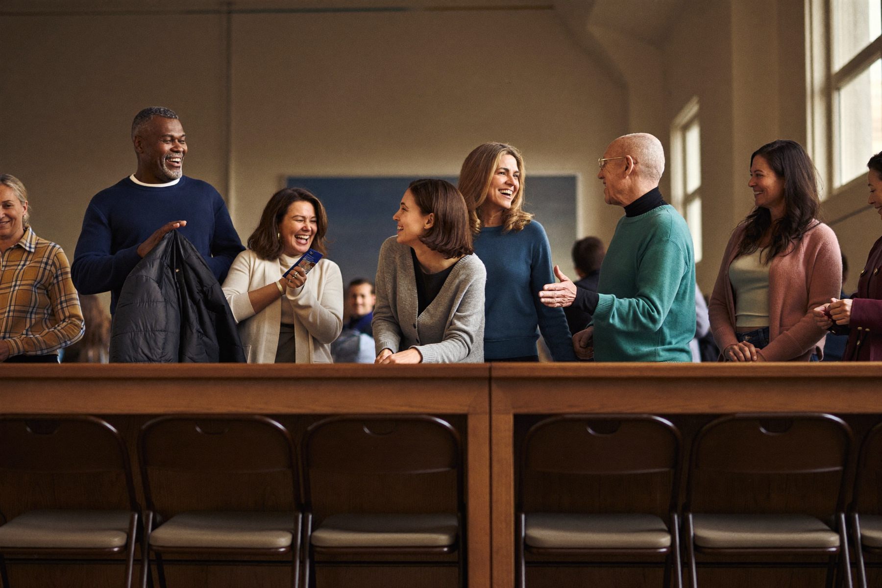 Adults talking and laughing together in a church fellowship hall at the end of a class.